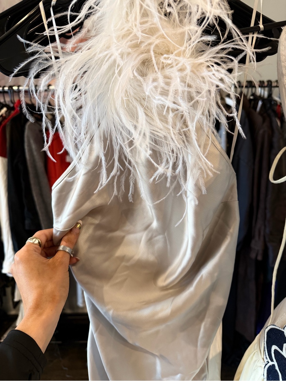The New Arrivals by Ilkyaz Ozel Jazzy Feather Detailed Satin Dress in Taj Mahal - Picture 6 of 7